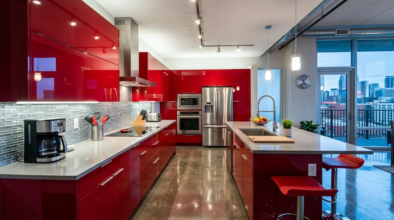 pair the main finish with supportive materials in a kitchen inspired by ultra modern high gloss.