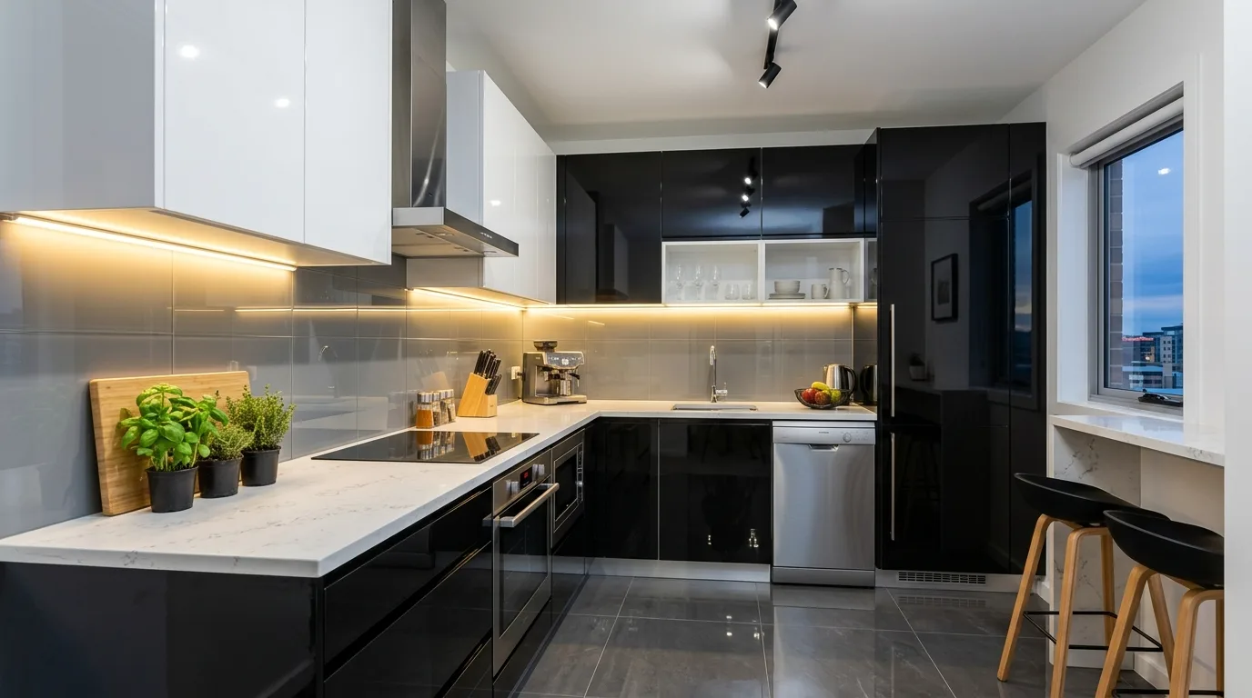 balance the palette with breathable contrast in a kitchen inspired by ultra modern high gloss.