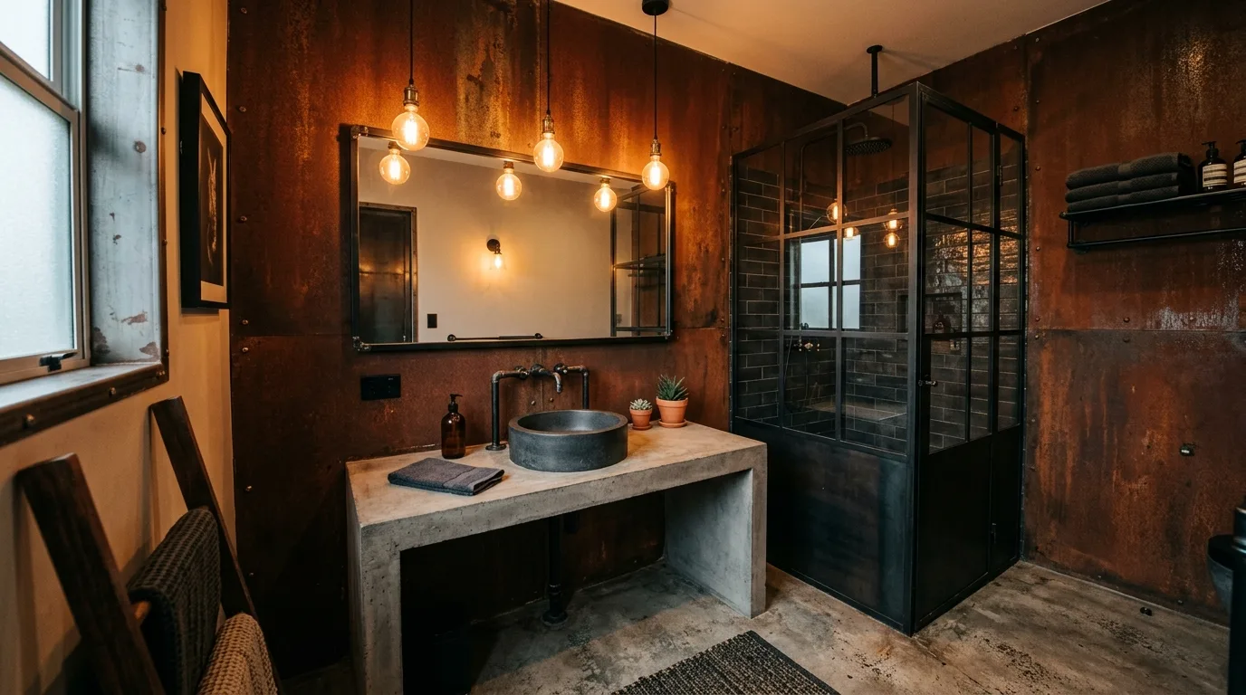 Rust-toned bathroom with warm industrial flair.