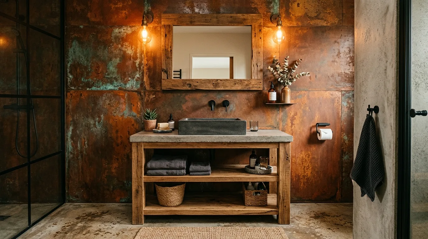 Rust statement wall adding warmth to a bathroom.