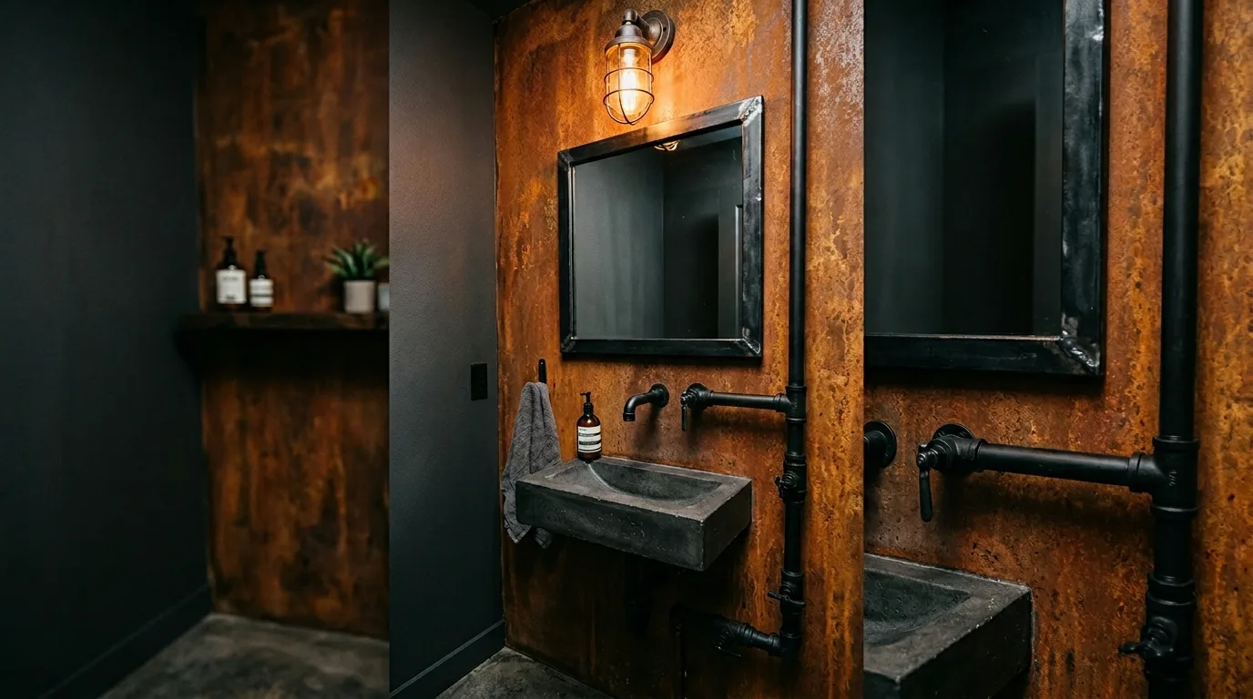 Rust and black creating industrial contrast in a bathroom.