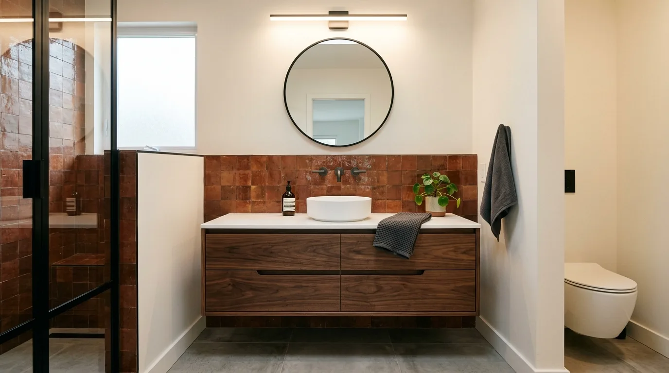 Warm wood making a rust bathroom feel more welcoming.