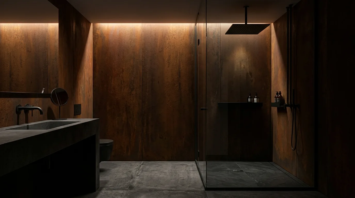 Restrained metal details in a rust industrial bathroom.