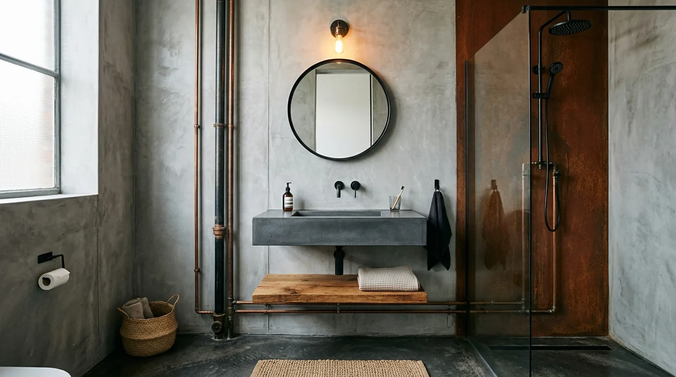 Lighting keeping rust tones rich in a bathroom.