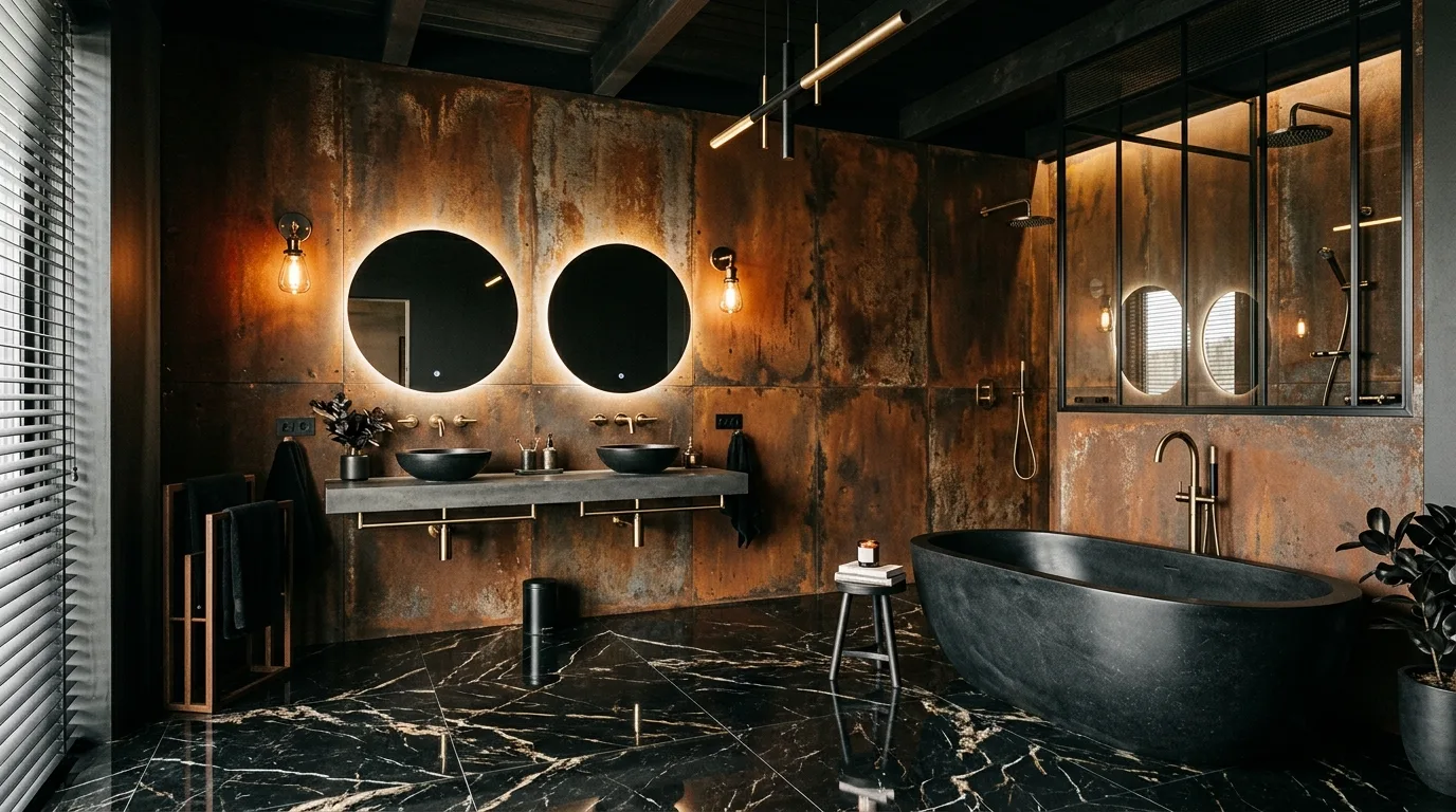 Clean lines balancing warmth in a rust bathroom.