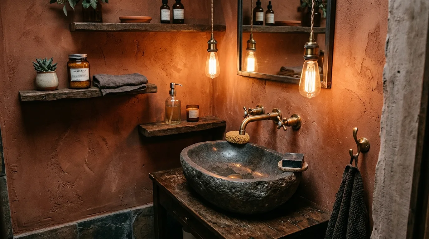 Textured surfaces helping a rust bathroom feel layered.