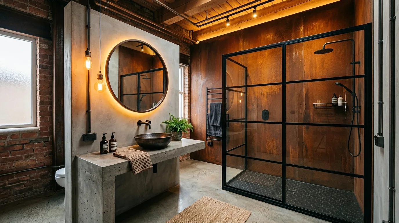 Bold grounded rust bathroom with industrial flair.