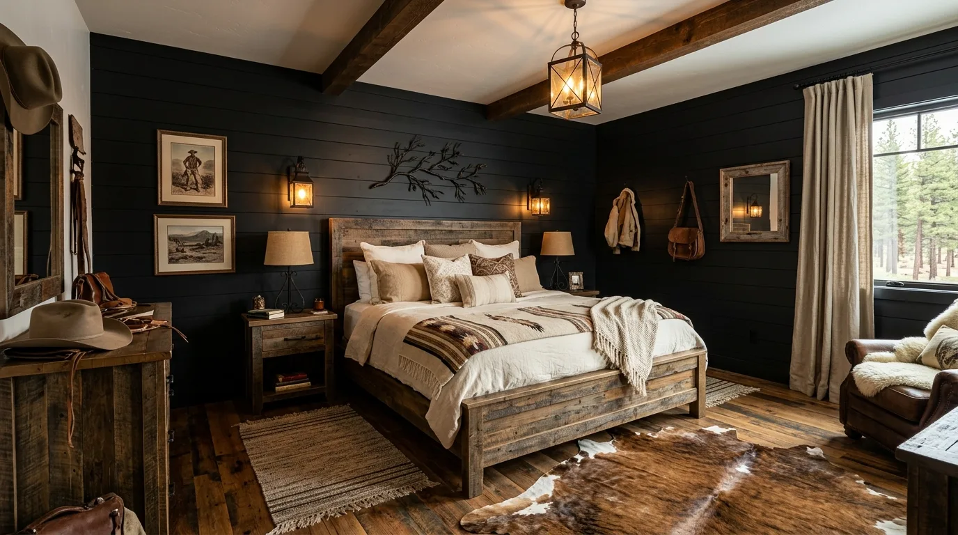 Unique black western bedroom with rustic character and moody layered styling.