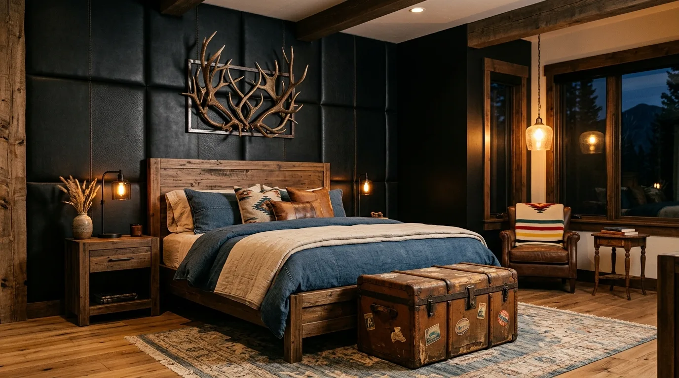 Black and wood with strong western grain in a rustic character bedroom.