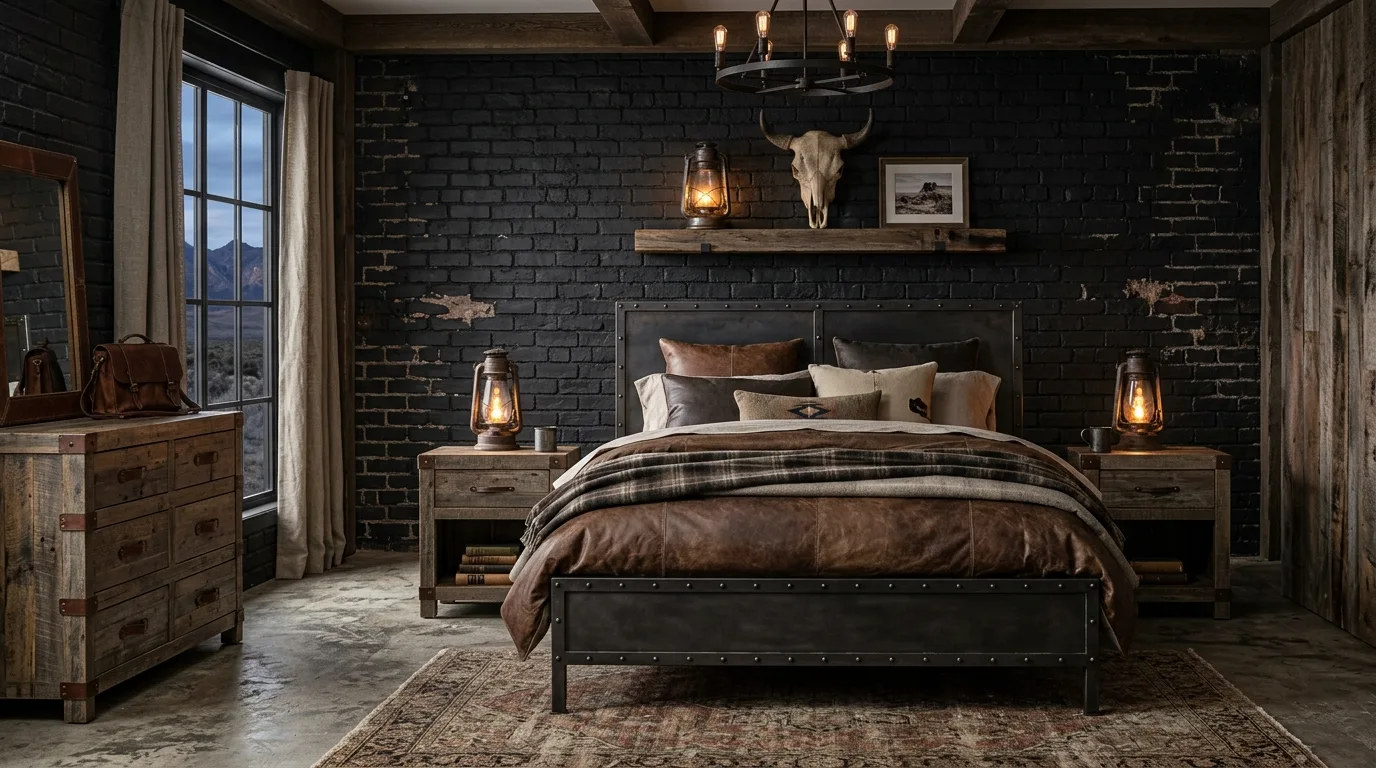 Black iron bed with western textiles in a rustic moody bedroom.