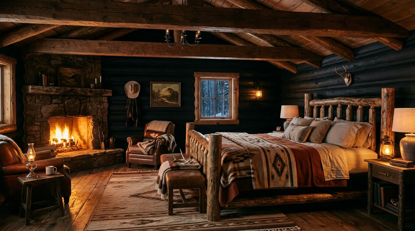 Black western room with warm cowhide notes and rustic character.
