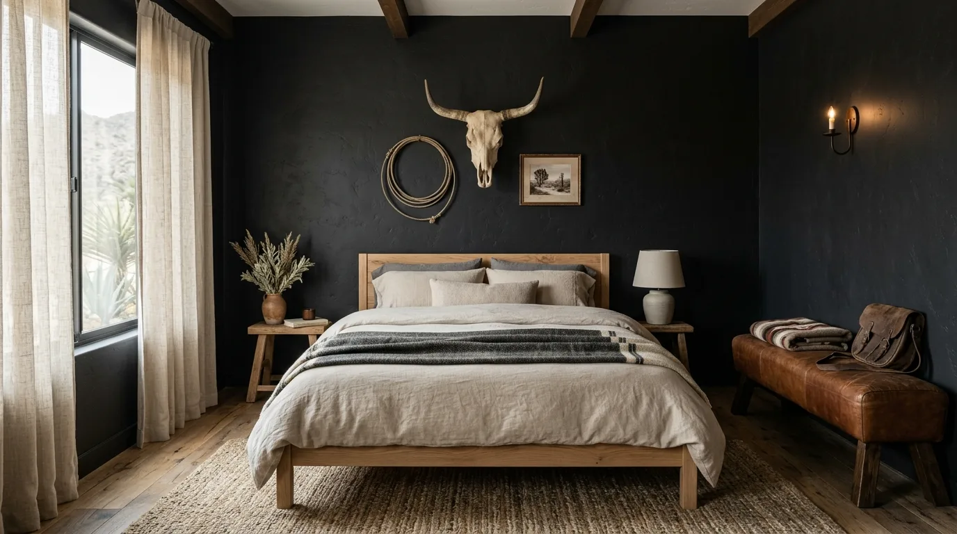 Black accent wall and vintage western art in a rustic bedroom.