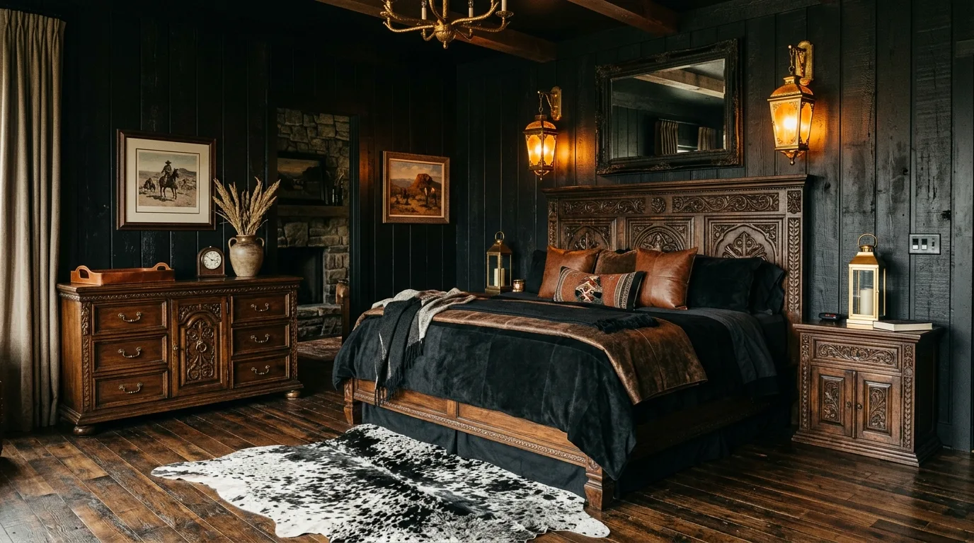 Black and rust bedroom creating a desert-western mood with rustic warmth.