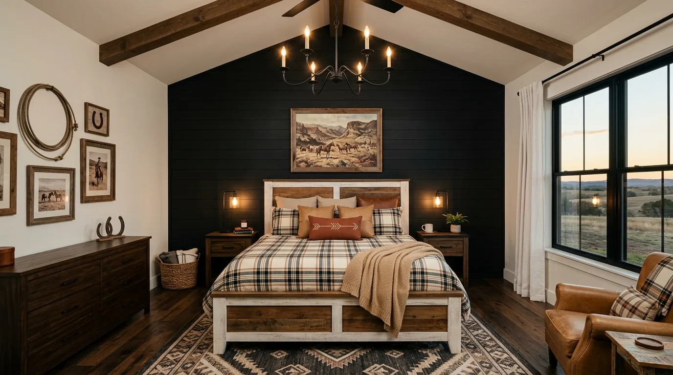 Rustic beam ceilings with black contrast in a western-inspired bedroom.