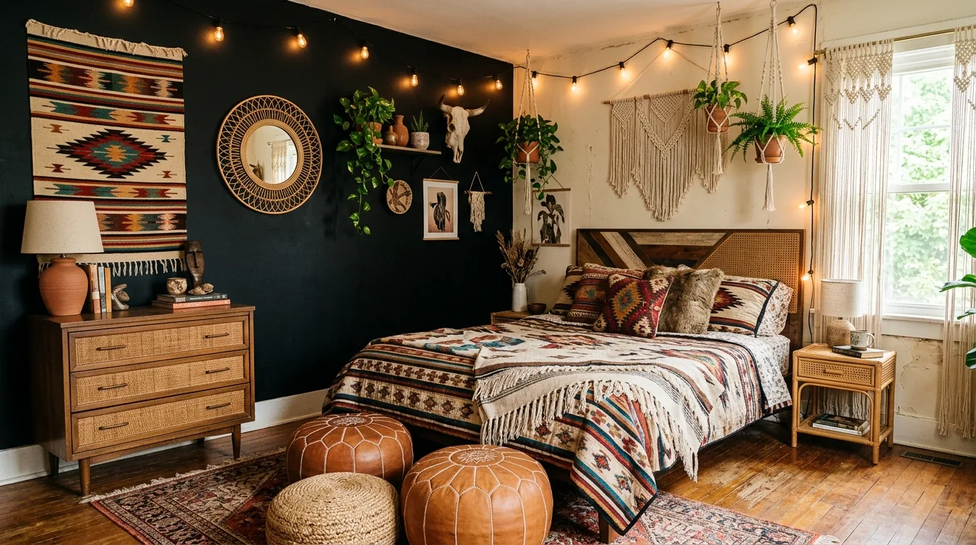 Western patterns against a black bed in a character-rich rustic bedroom.