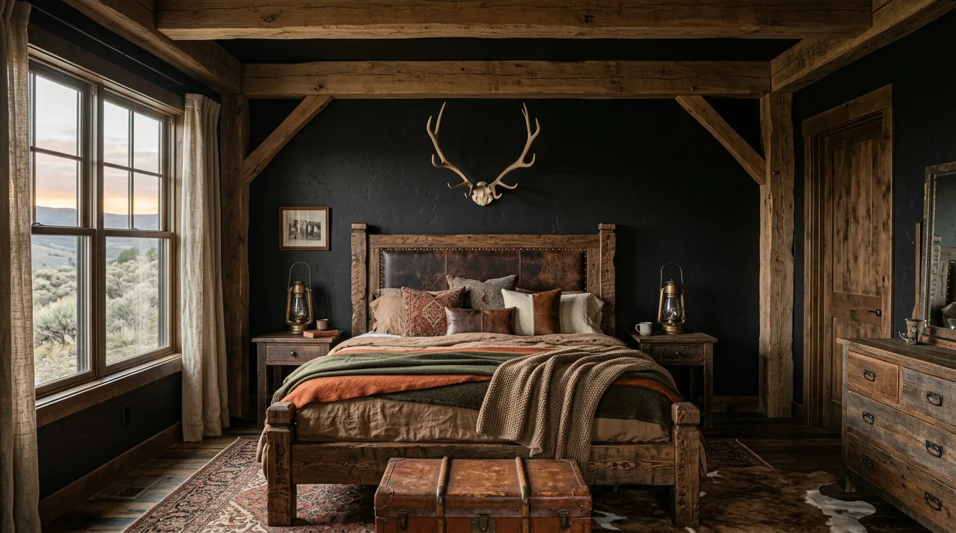 Moody western bedroom with black structure and rustic layered warmth.