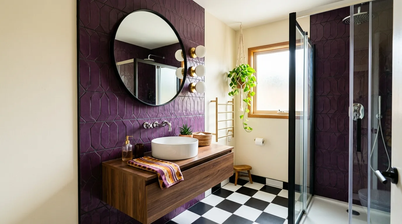 pair it with finishes that support the mood in a bathroom inspired by unique purple tile retro.