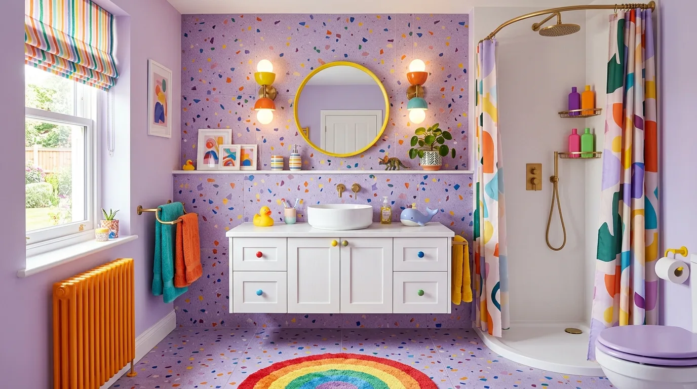 use lighting to bring the space to life in a bathroom inspired by unique purple tile retro.