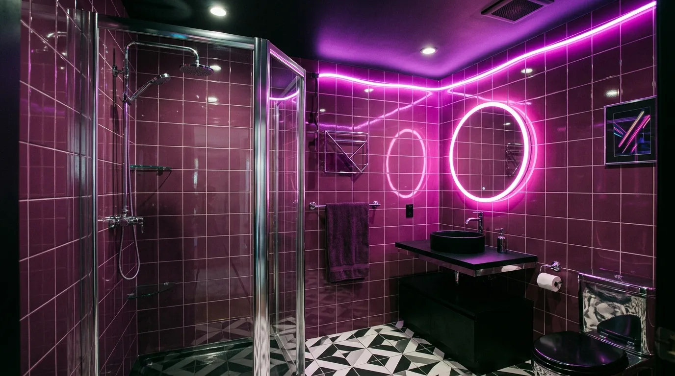 add texture for more depth in a bathroom inspired by unique purple tile retro.