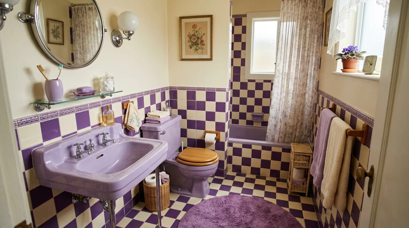 keep fixtures and lines thoughtful in a bathroom inspired by unique purple tile retro.