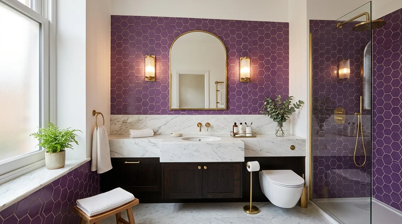balance boldness with breathing room in a bathroom inspired by unique purple tile retro.