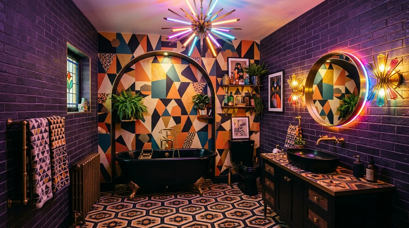 use decor that reinforces the look in a bathroom inspired by unique purple tile retro.