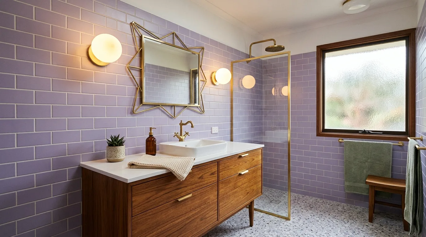 let the room feel personal and restful in a bathroom inspired by unique purple tile retro.