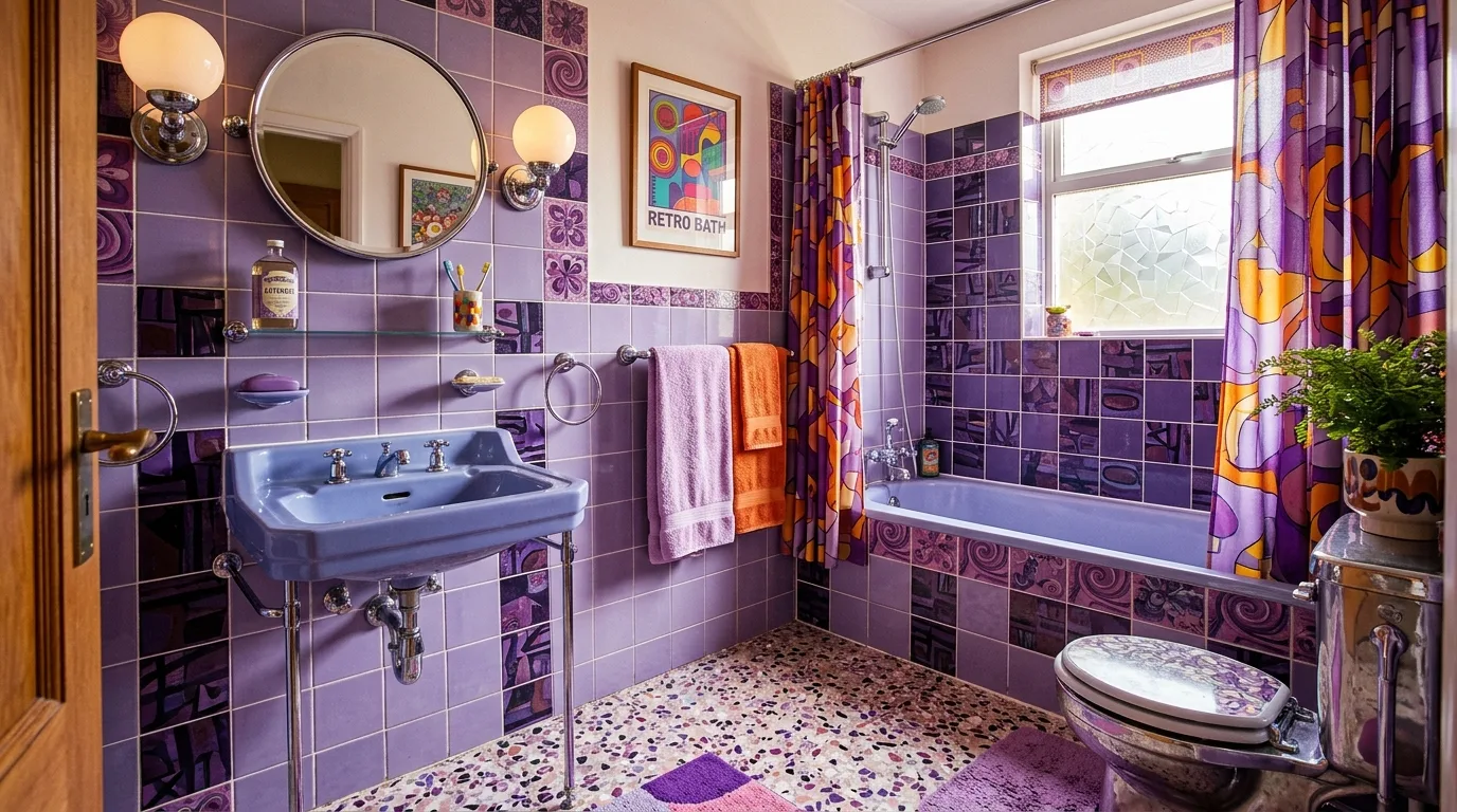create a bathroom that feels complete in a bathroom inspired by unique purple tile retro.