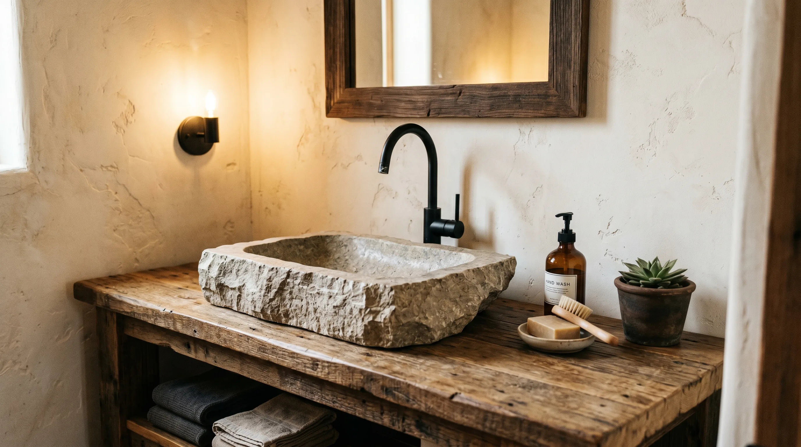 Unique stone sink bathroom with a rustic focal point.