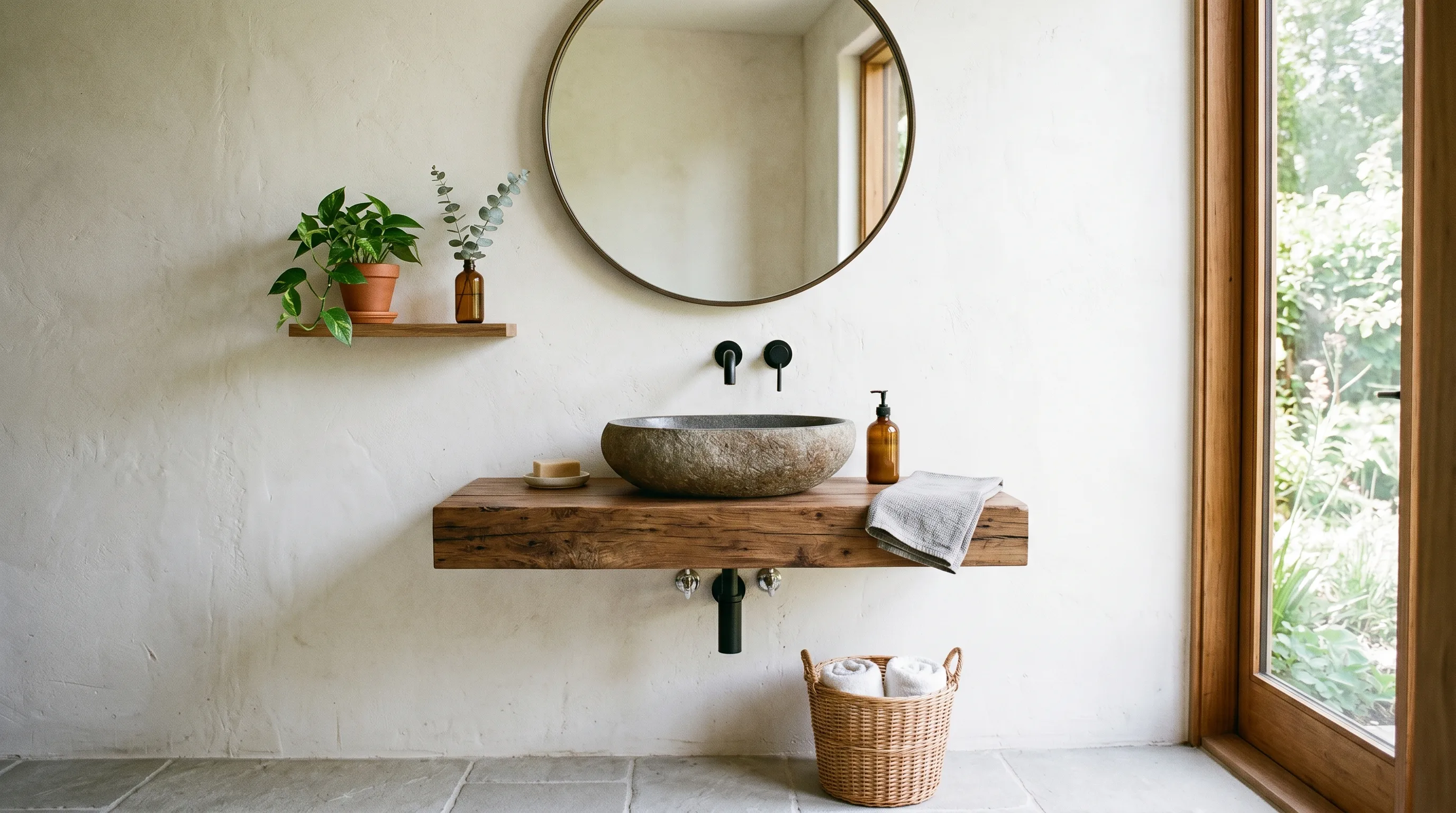 Raw-edge stone basin creating natural bathroom drama.
