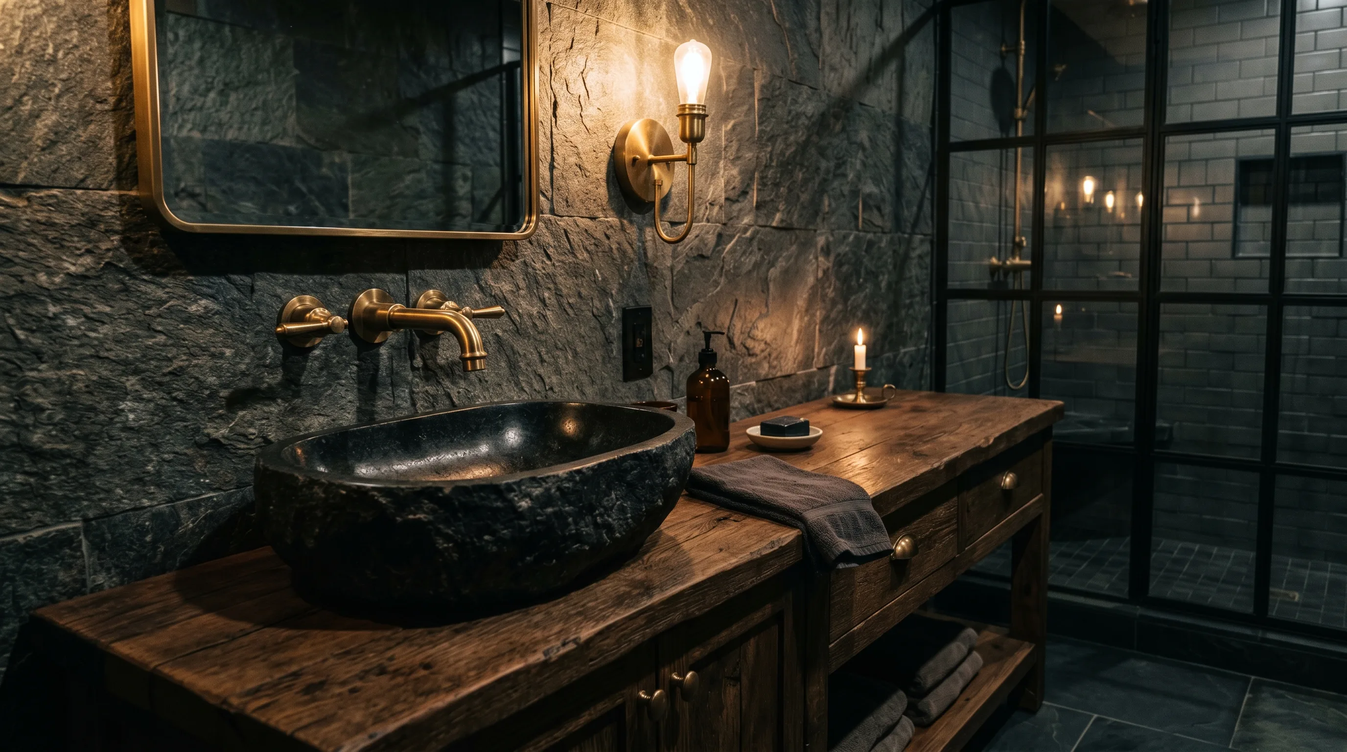 Stone sink paired with warm wood in a rustic bathroom.