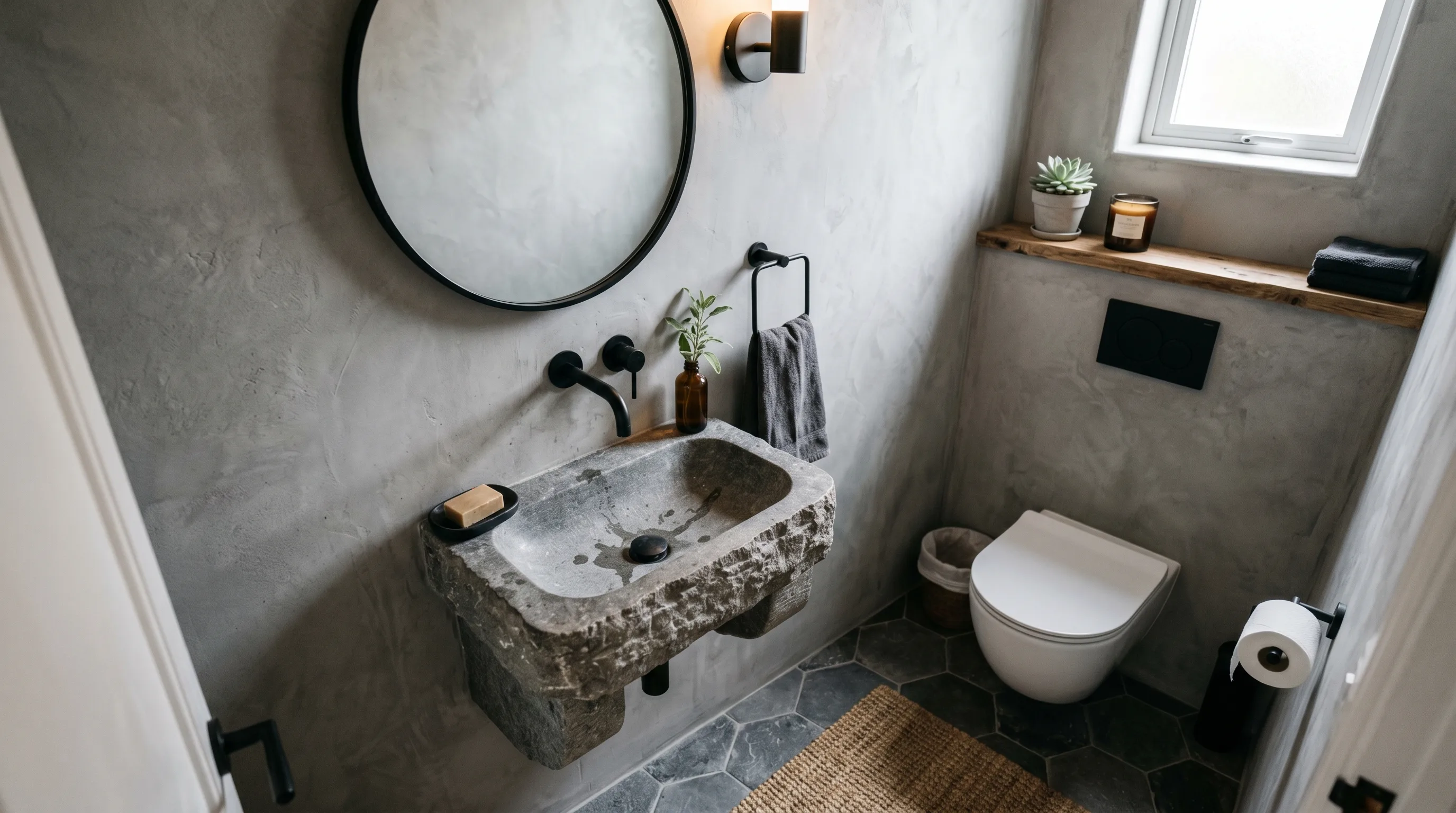 Soft lighting warming a rustic stone sink bathroom.