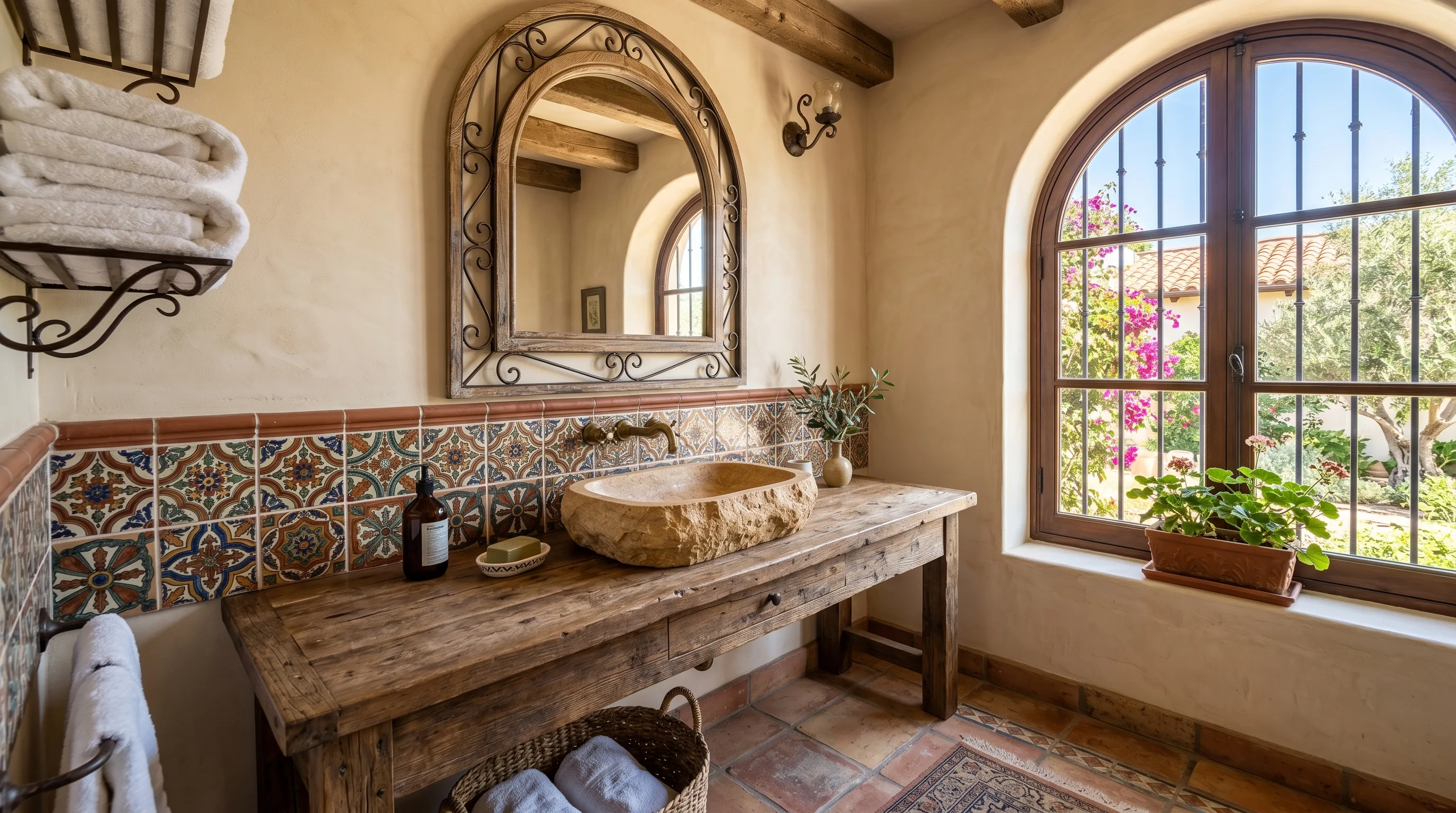 Stone sink paired with earthy plaster bathroom walls.