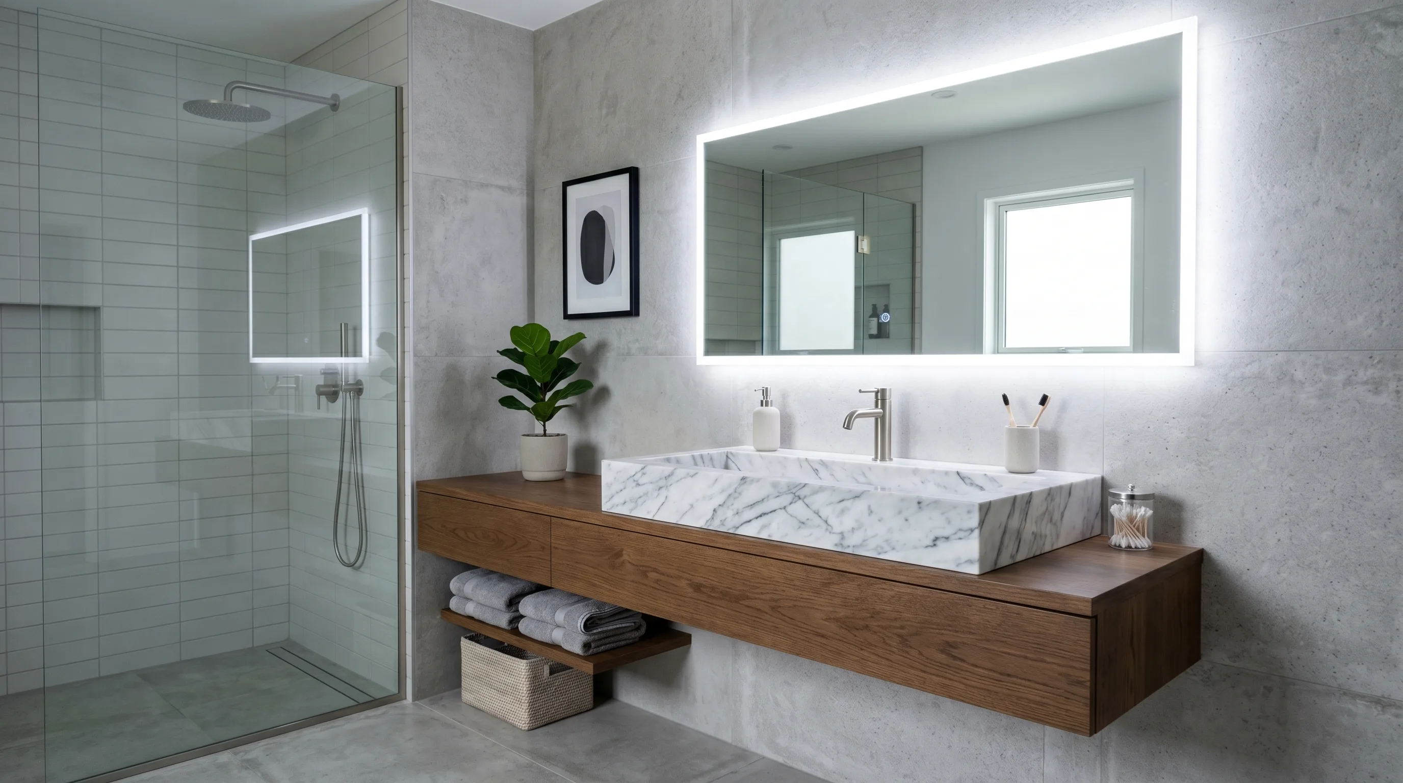 Sparse thoughtful accessories around a rustic stone sink.