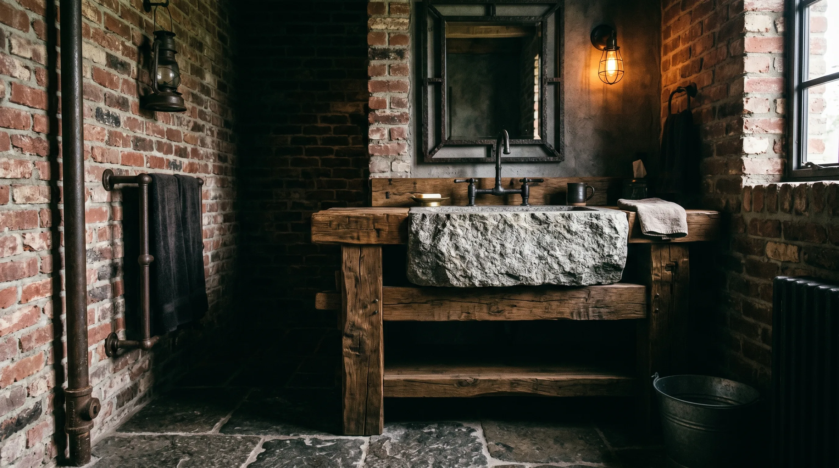 Rustic bathroom centered around a unique stone sink.