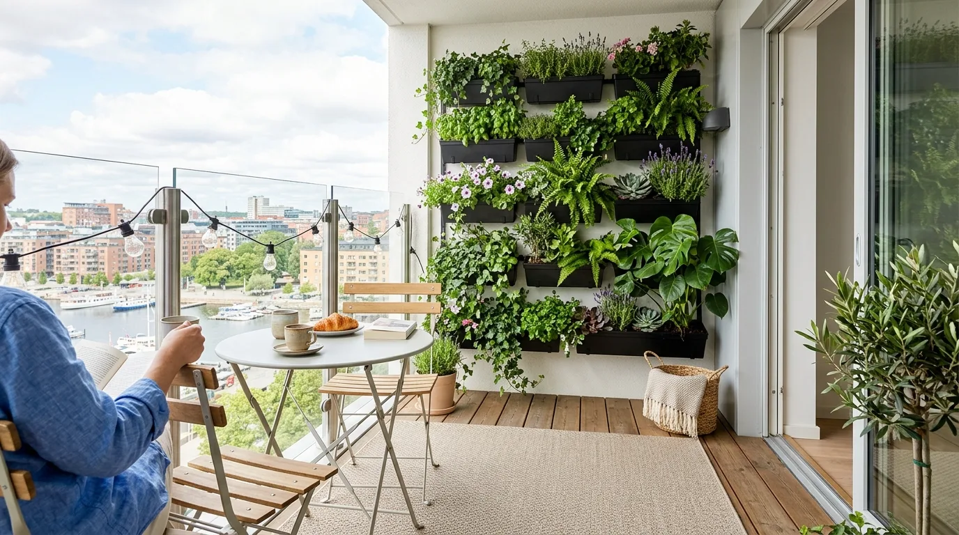 Very small balcony decorated to feel surprisingly spacious and open.
