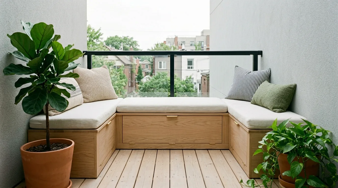 Fold-down table saving space on a very small balcony.