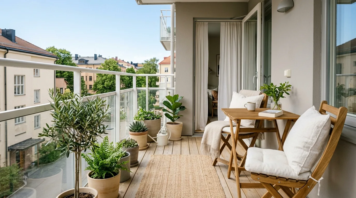 Light soft colors making a very small balcony feel airy.