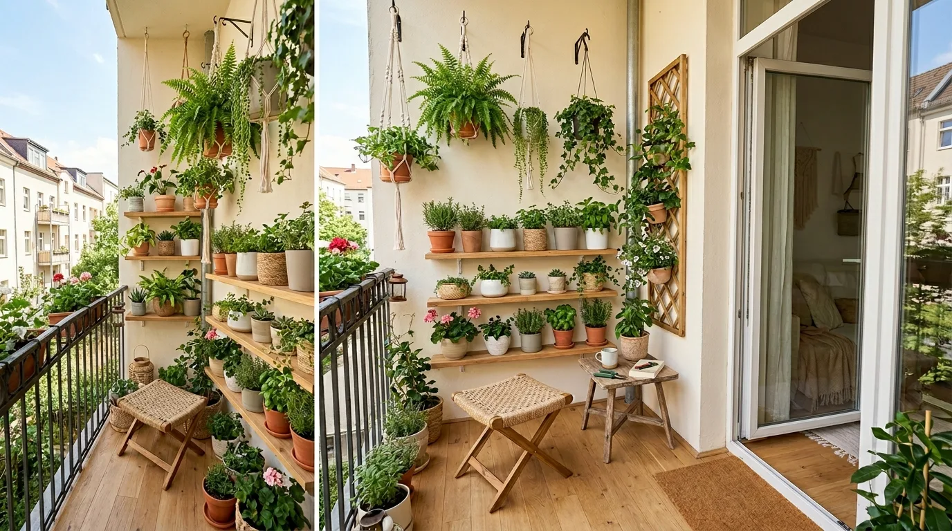 One rug defining a very small balcony without crowding it.