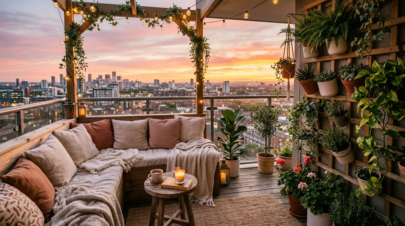 One main accent keeping a tiny balcony decor scheme spacious.