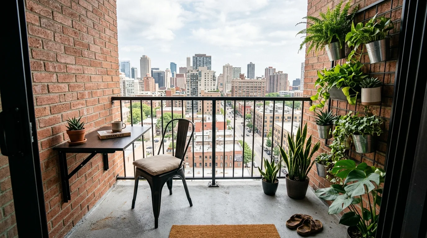 Reflective surface helping a very small balcony appear larger.