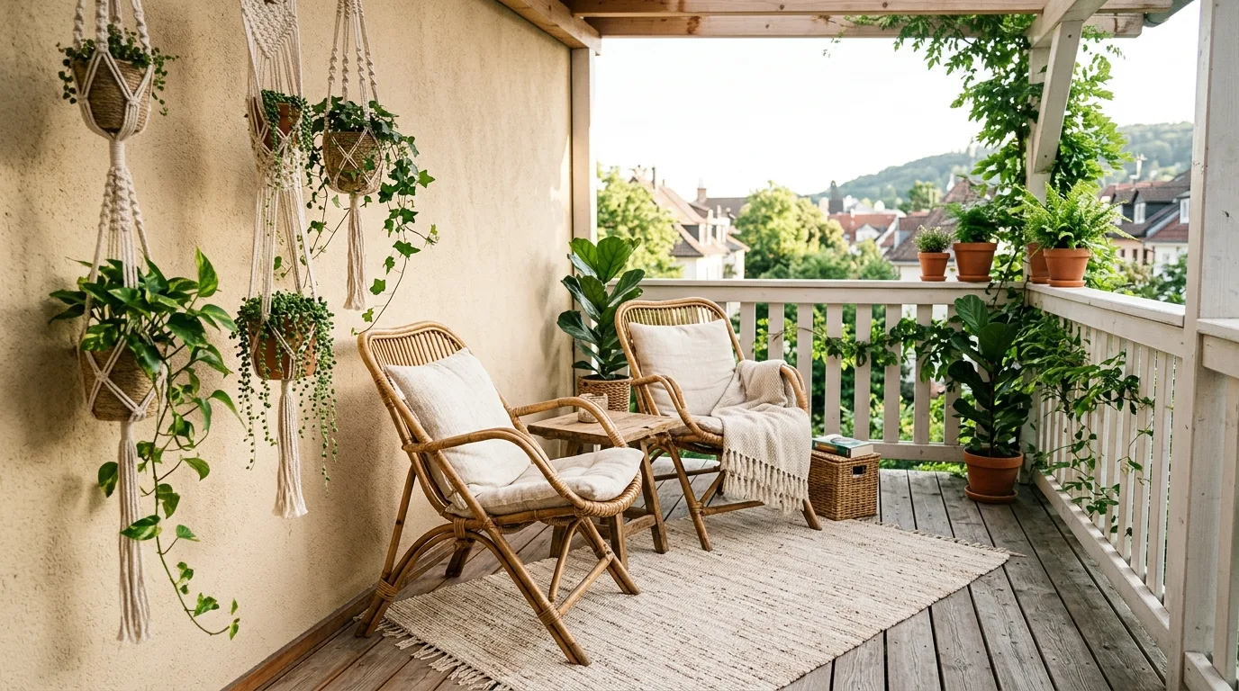 Soft textiles layered sparingly on a very small balcony.