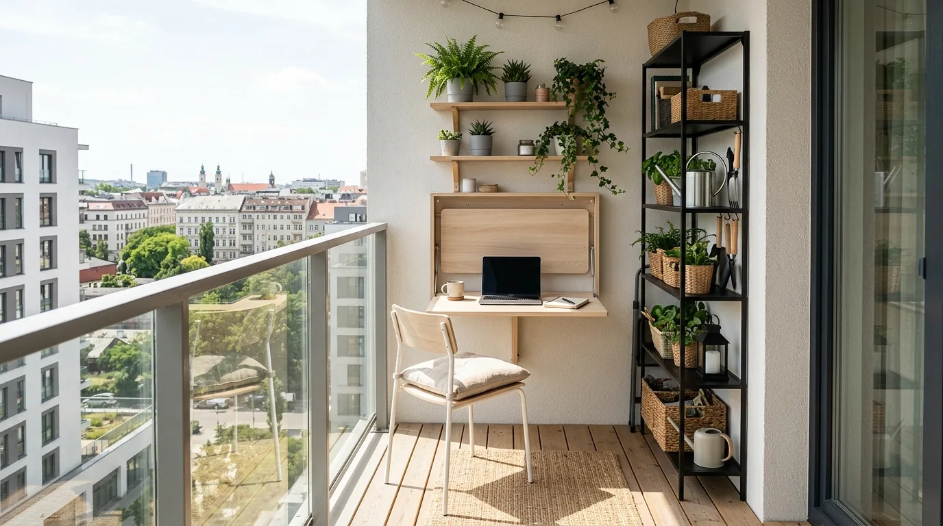Warm lighting making a very small balcony feel inviting at night.