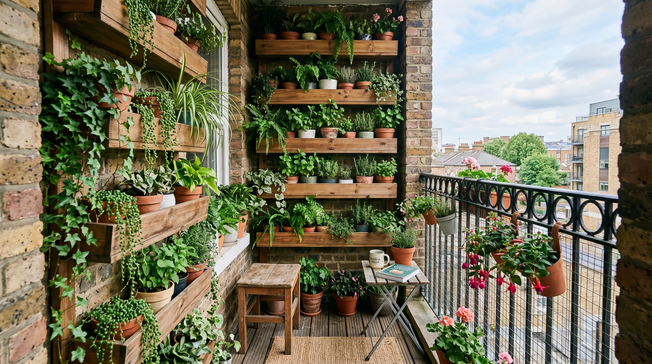 Very small balcony using vertical space for storage, decor, and plants.