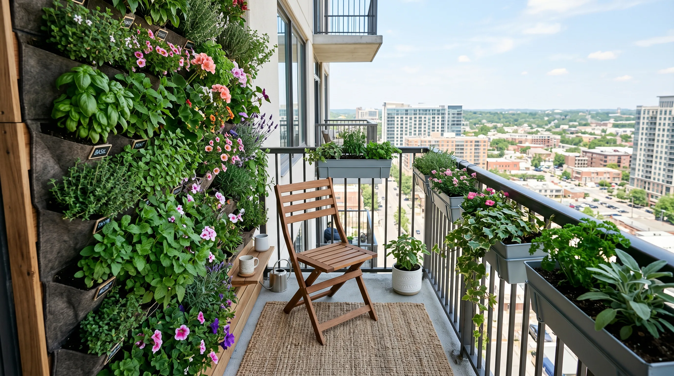 Tall narrow shelving using height on a compact balcony.
