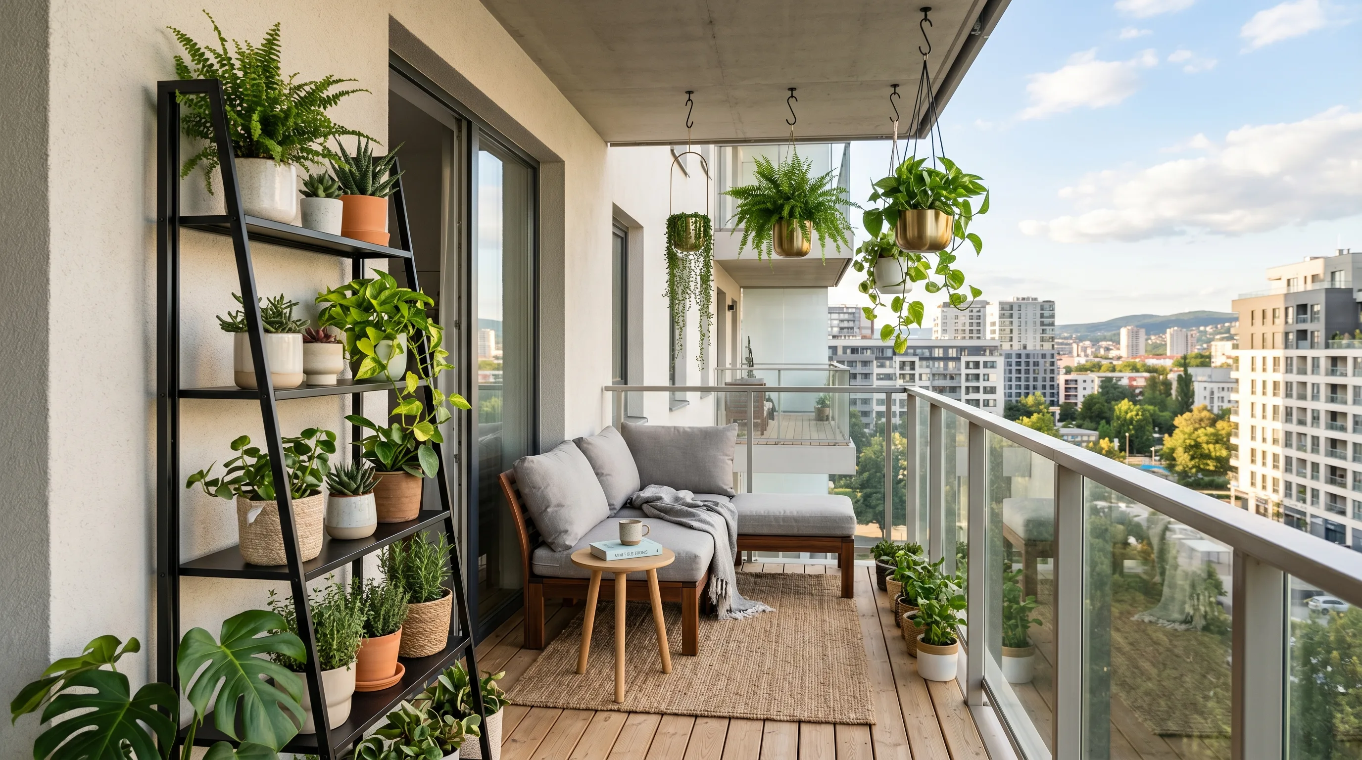 Railing planters adding vertical greenery to a very small balcony.