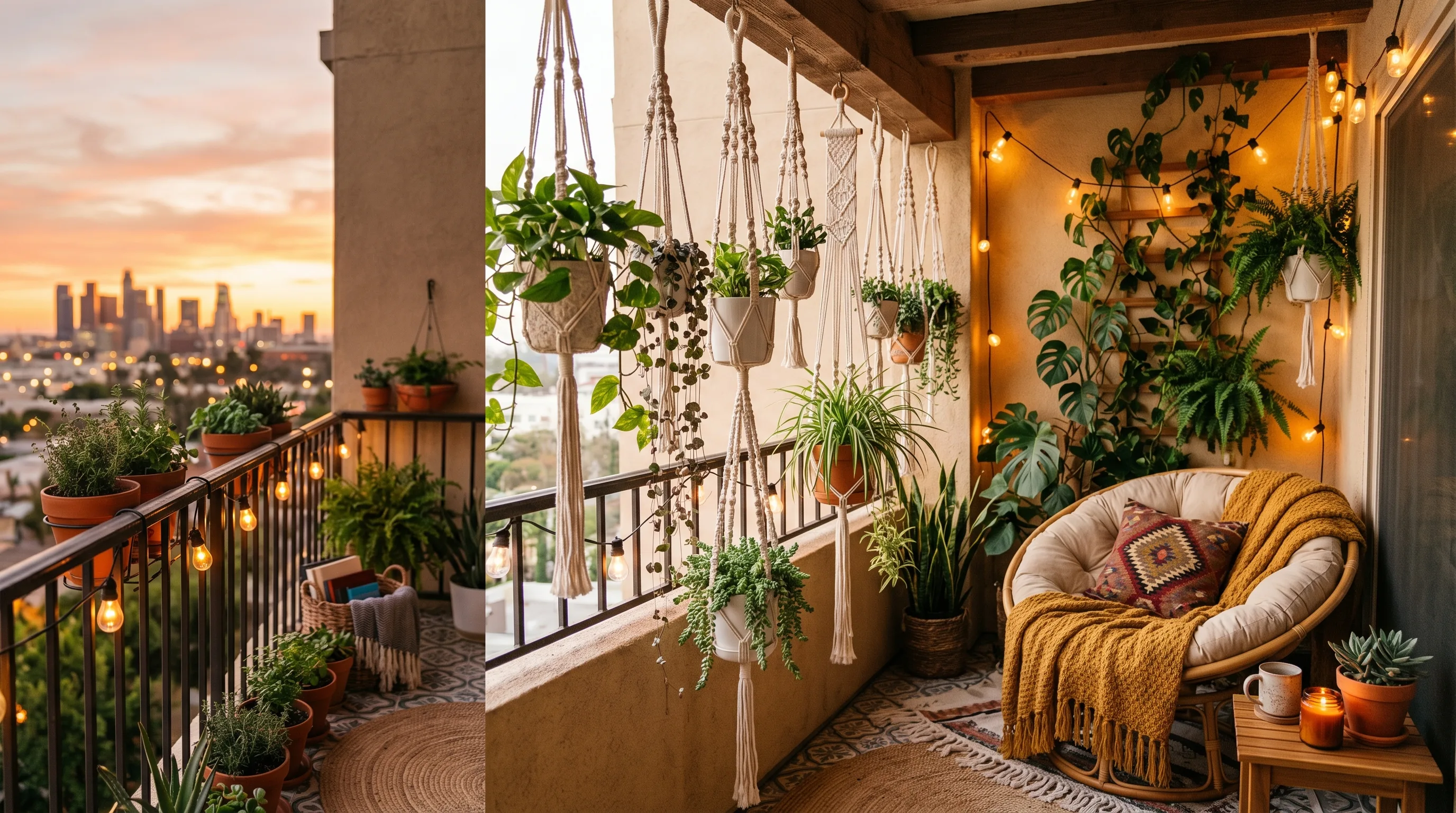 Wall hooks adding flexible vertical function to a small balcony.