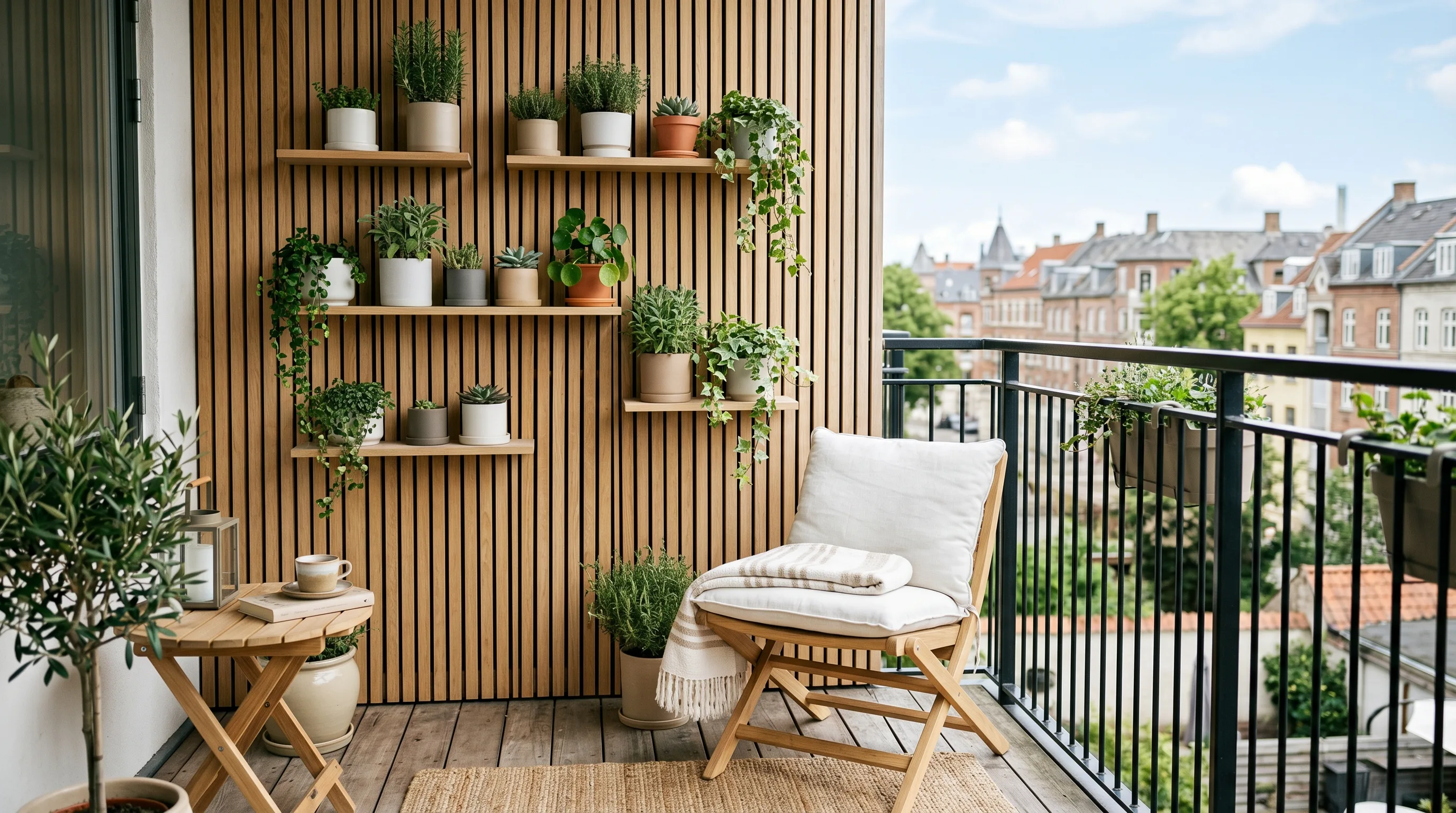 Vertical herb garden on a very small balcony maximizing wall space.