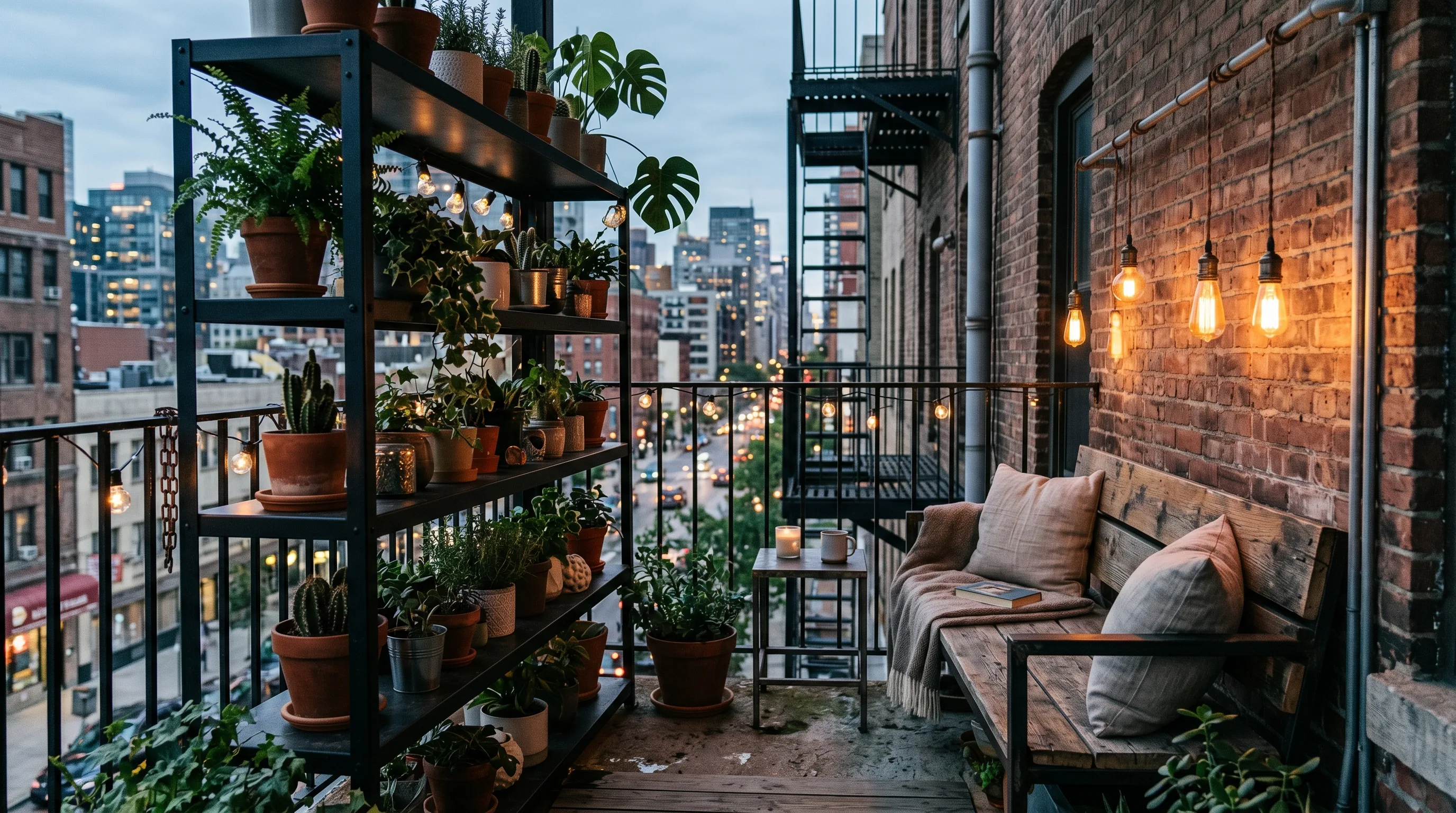 Fold-down wall table saving floor space on a tiny balcony.