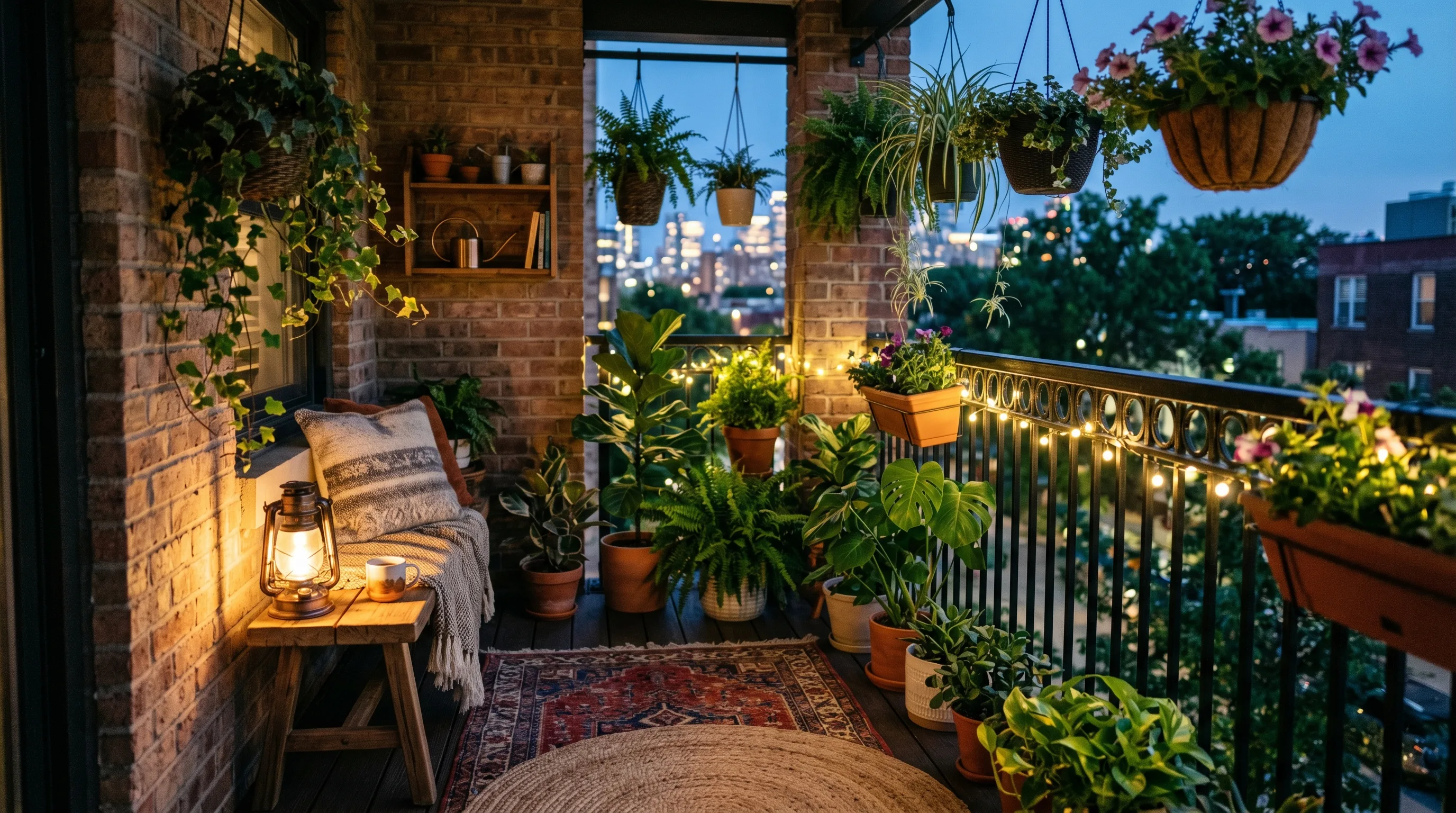 Overhead balcony lights using upper space for ambiance.